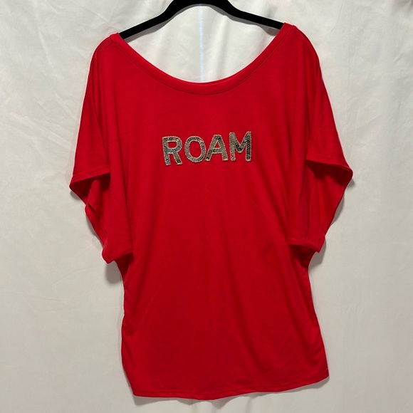 “ROAM” Silver Sequined, Red, Wide Neck, Short Sleeve Dolman Shirt - Picture 1 of 5